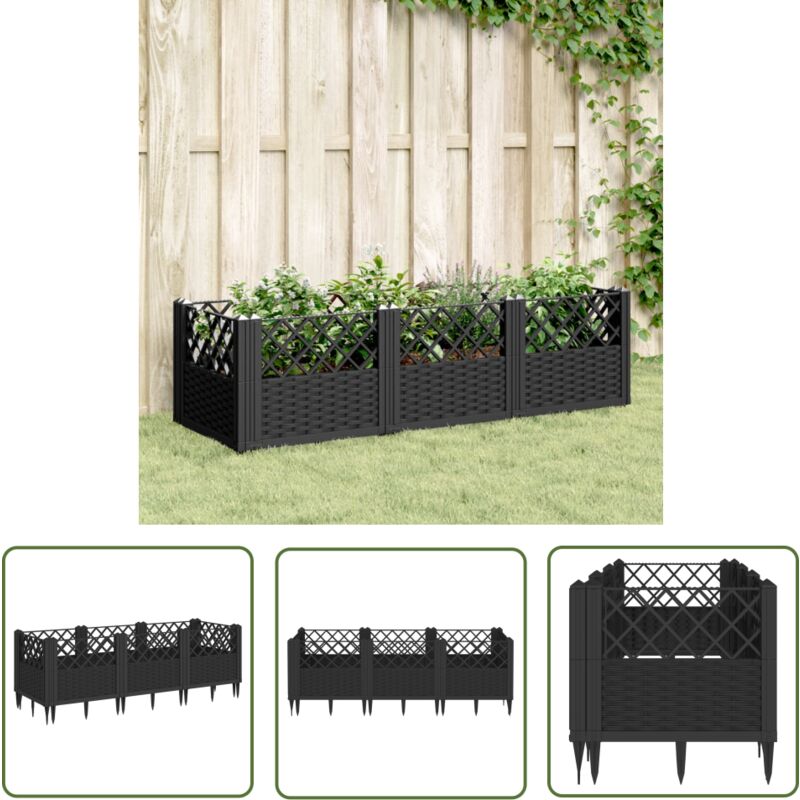 Jardinière avec piquets noir 123,5x43,5x43,5 cm pp - Jardinierre Extérieure - Jardinière En Polypropylène - Jardinière Modulaire - Jardinière Design