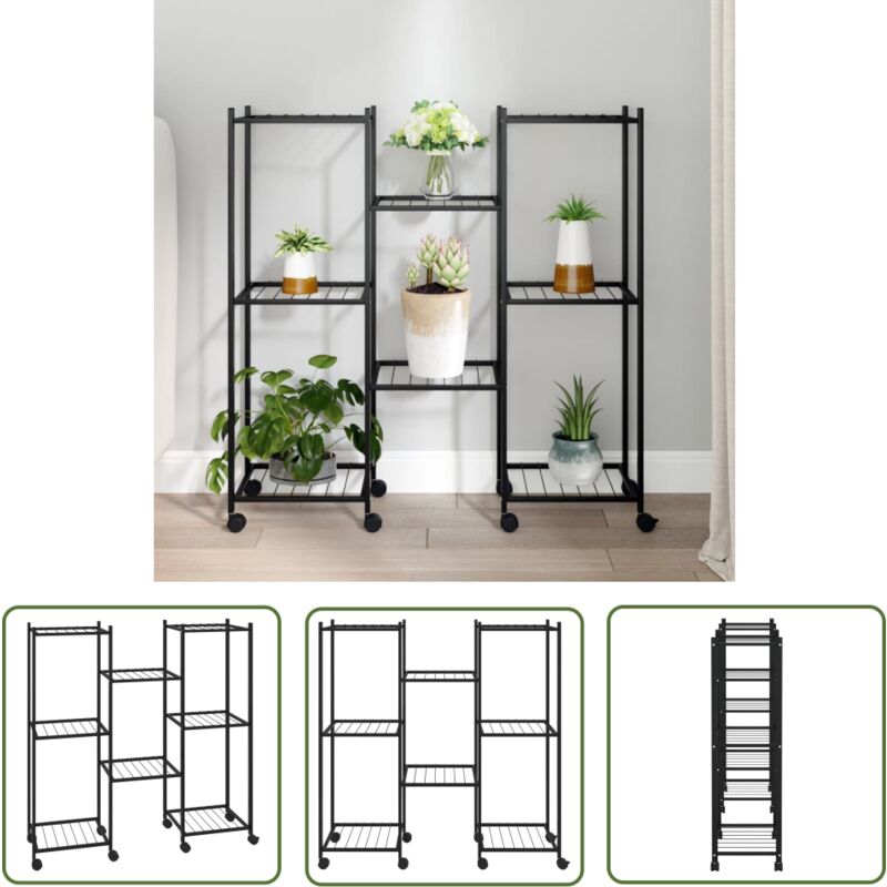 Jardinière avec roues 83x25x83,5 cm Noir Fer - Support Plante - Jardinerie - Étagère Murale - Fleur Pot - Décoration Intérieur - The Living Store