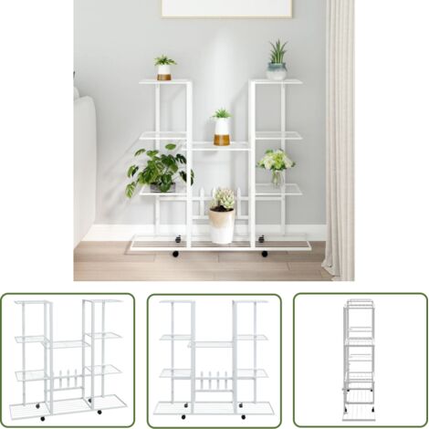 The Living Store Jardinière avec roues 94,5x24,5x91,5 cm Blanc Fer - Support Plante - Jardinerie - Étagère Plantes - Fleuriste - Décoration Intérieur