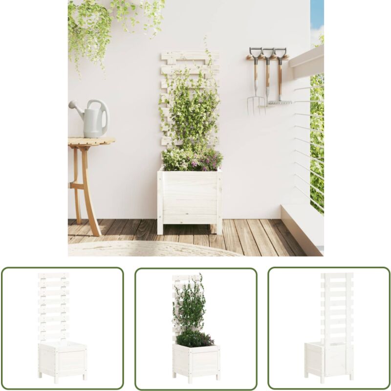 The Living Store Jardinière avec support blanc 39x39,5x114 cm bois de pin massif - Jardinière En Bois - Pot De Fleurs Extérieur - Jardinière Blanche