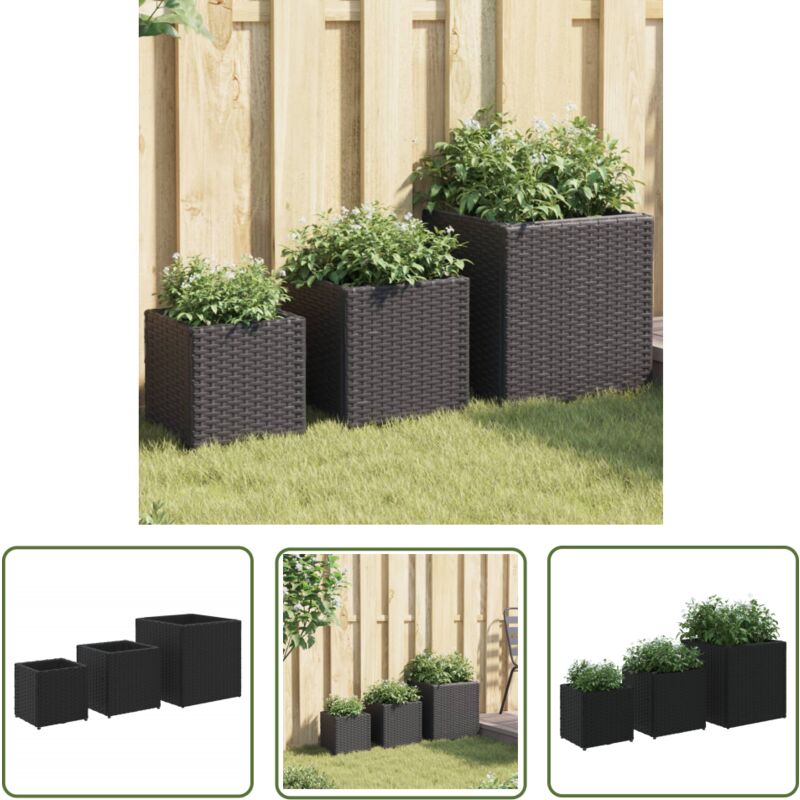 Jardinières d'extérieur 3 pcs noir résine tressée - Jardiniere Exterieure - Pot De Fleurs Extérieur - Decoration Jardin - Résine Tressée - Poly Rotin