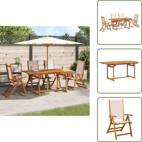 The Living Store Juego comedor de jardín 5 pzas madera maciza acacia y textileno - Mesa de jardín extensible