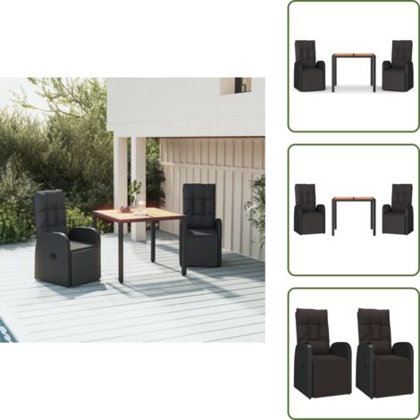 The Living Store Juego comedor jardín 3 pzas madera acacia ratán sintético negro - Sillas reclinables