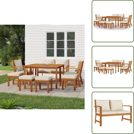 The Living Store Juego comedor jardín con cojines 9 piezas madera maciza acacia - Mesa de comedor de jardín