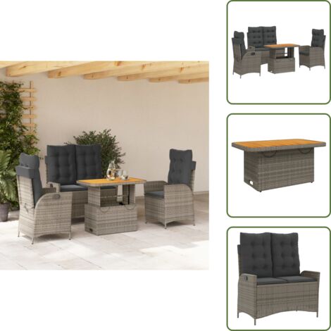 The Living Store Juego de comedor de jardín 4 piezas con cojines ratán PE gris - Sillas de jardín reclinables
