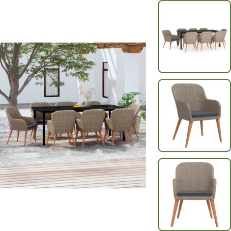 The Living Store Juego de comedor de jardín 9 piezas y cojines marrón - Juego de comedor