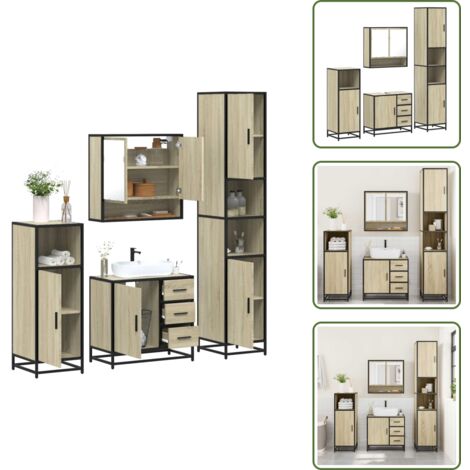 The Living Store Juego de muebles de baño 4 pzas contrachapada roble sonoma - Armario de baño