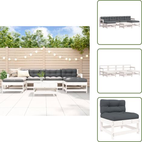 The Living Store Juego de muebles jardín 7 piezas y cojines madera maciza blanco - Muebles de exterior