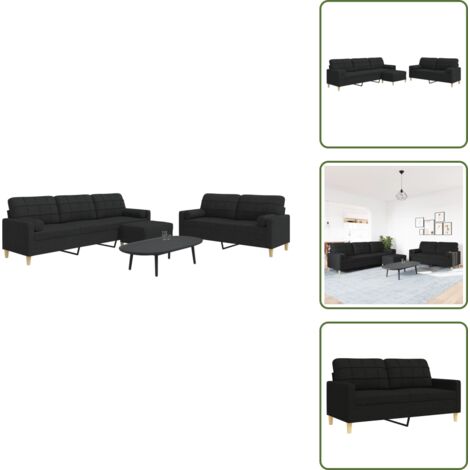 The Living Store Juego de sofá 3 piezas con reposapiés y cojines tela negro - Sofá de 3 plazas