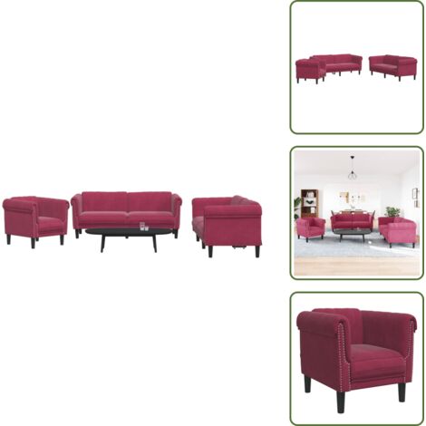 The Living Store Juego de sofás 3 piezas terciopelo rojo tinto - Sofá de 2 plazas
