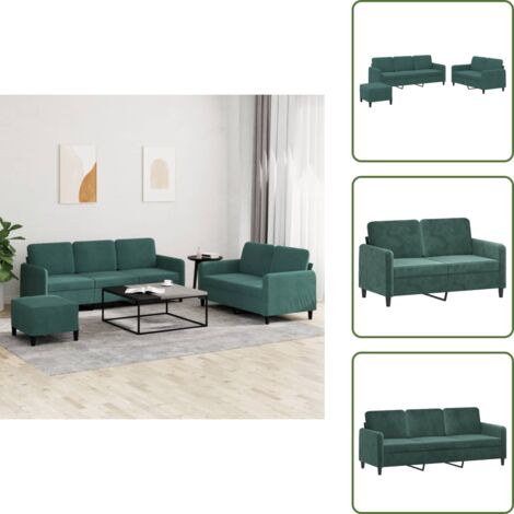 The Living Store Juego de sofás 3 piezas terciopelo verde oscuro - Sofá de 3 plazas