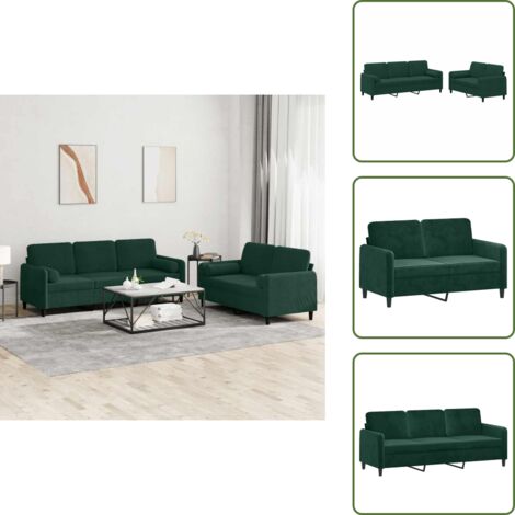 The Living Store Juego de sofás con cojines 2 piezas terciopelo verde oscuro - Sofá de 3 plazas