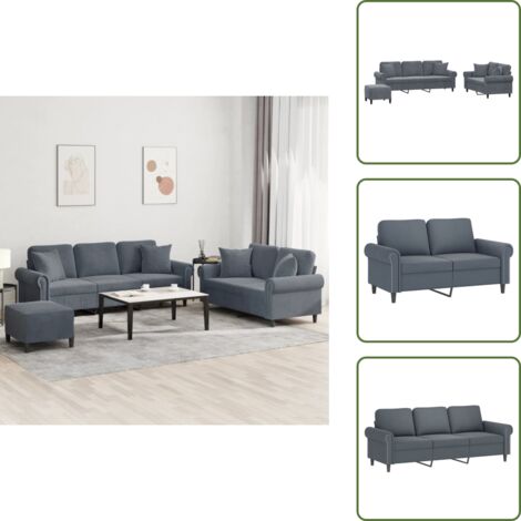 The Living Store Juego de sofás con cojines 3 piezas terciopelo gris oscuro - Sofá de 3 plazas