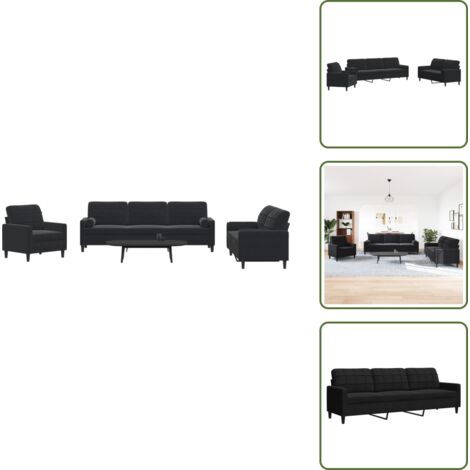 The Living Store Juego de sofás con cojines 3 piezas terciopelo negro - Sofá de 2 plazas