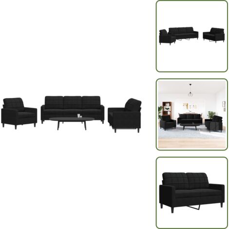 The Living Store Juego de sofás con cojines 3 piezas terciopelo negro - Sofá de 2 plazas