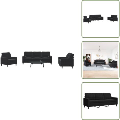The Living Store Juego de sofás con cojines 3 piezas terciopelo negro - Sofá de 2 plazas
