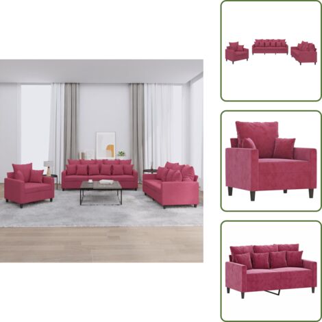 The Living Store Juego de sofás con cojines 3 piezas terciopelo rojo tinto - Cojines