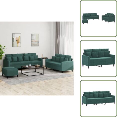 The Living Store Juego de sofás con cojines 3 piezas terciopelo verde oscuro - Sofá de 3 plazas