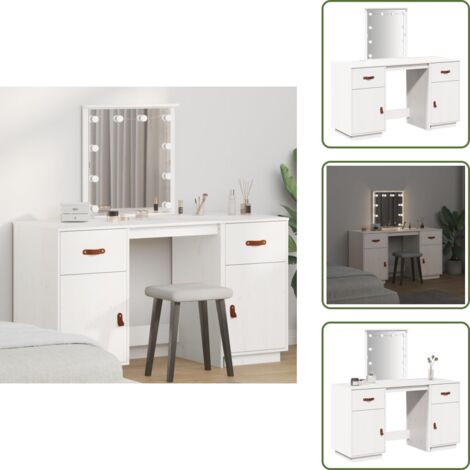 The Living Store Juego de tocador con LED madera maciza de pino blanco - Tocador de madera
