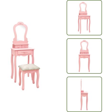 The Living Store Juego de tocador y taburete madera paulownia rosa 50x59x136 cm - Mesa de tocador