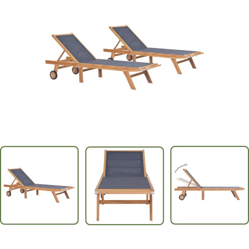 Doc&Et² The Living Store Sonnenliegen Klappbar Mit Rollen 2 Stk. Teakholz Textilene - Teakholzmöbel - Gartenliege - Sonnenschirm - Außenmöbel -