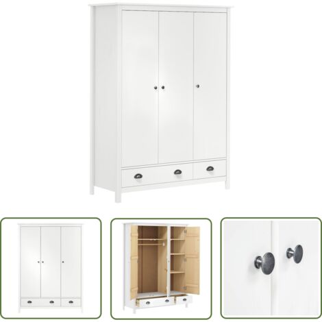 The Living Store Kleiderschrank mit 3 Türen Hill Weiß 127x50x170 cm Kiefernholz - Holzschrank - Kleiderschrank - Weißer Kleiderschrank - Moderner Kleiderschrank - Kiefernholzschränkchen