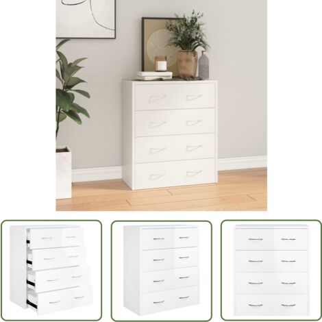 The Living Store Kommode mit 4 Schubladen 60x30,5x71 cm Hochglanz-Weiß - Kommode - Sideboard - Wohnzimmermöbel - Holzwerkstoff - Weiß