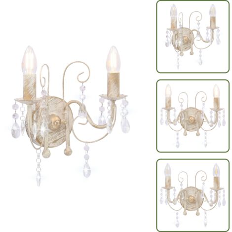 The Living Store Lampada da Muro con Perle Bianca per 2 Lampadine E14 - Lampada da muro