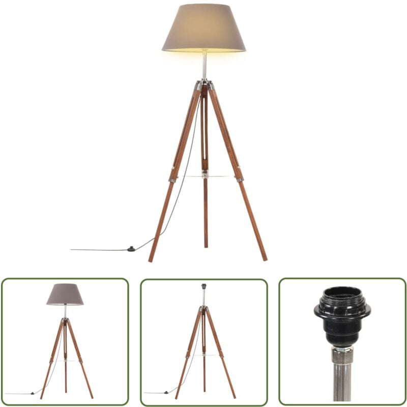 The Living Store - Lampadaire à trépied Marron miel et gris Bois de teck 141 cm - Lampadaire Retro - Lampadaire Bois - Lampadaire Industriel
