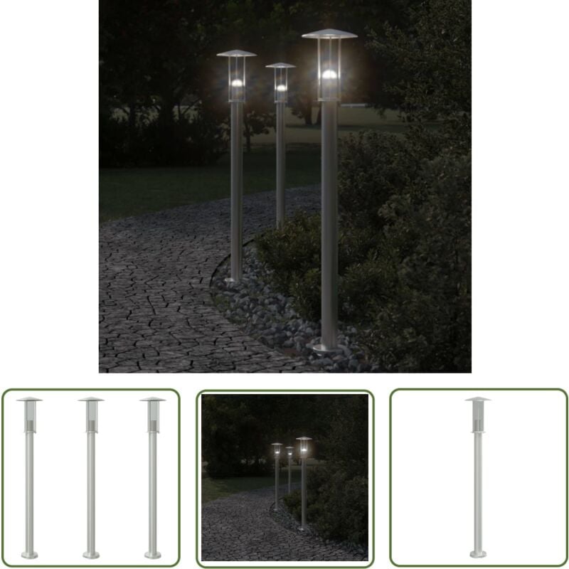 Lampadaires d'extérieur 3 pcs argenté 100 cm acier inoxydable - Lampadaire Exterieur - Éclairage Extérieur - Luminaire Extérieur - Lampe De Terrasse