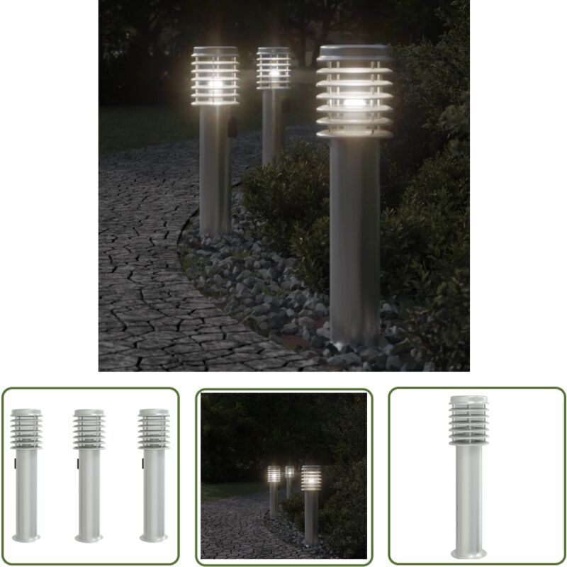 The Living Store Lampadaires d'extérieur et sortie 3pcs argenté acier inoxydable - Lampadaire Exterieur - Éclairage Extérieur - Luminaire Extérieur