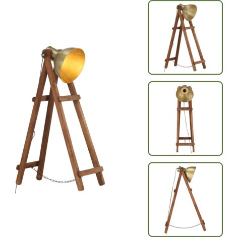 The Living Store Lámpara de pie madera maciza de mango latón E27 - Lámpara de madera