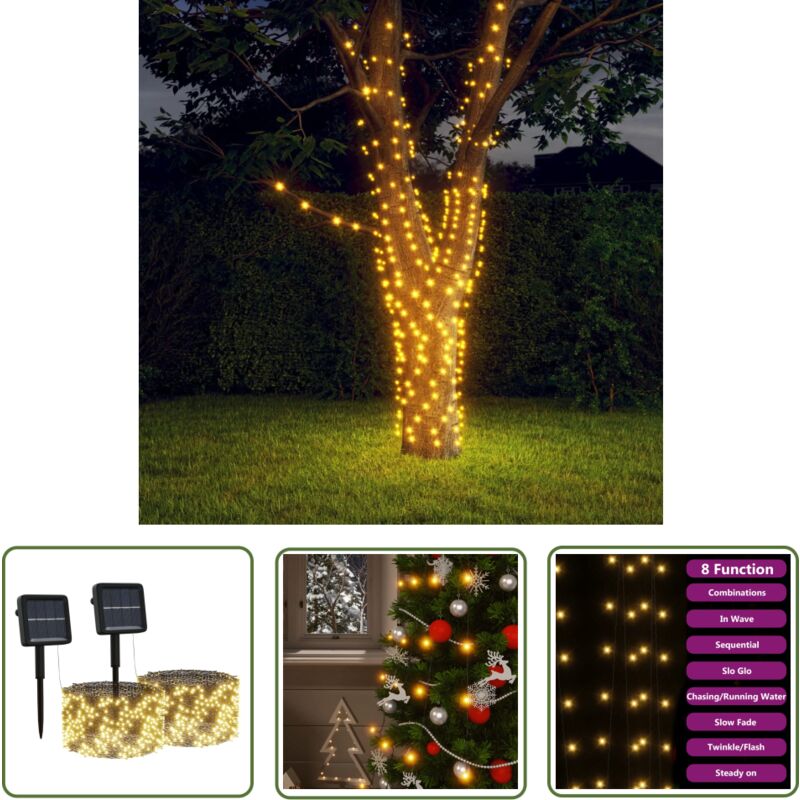 Lampes solaires 2 pcs 2x200 led Blanc chaud Intérieur Extérieur - Guirlande Lumineuse Solaire - Décoration Noel - Lumières Extérieures - Lampes