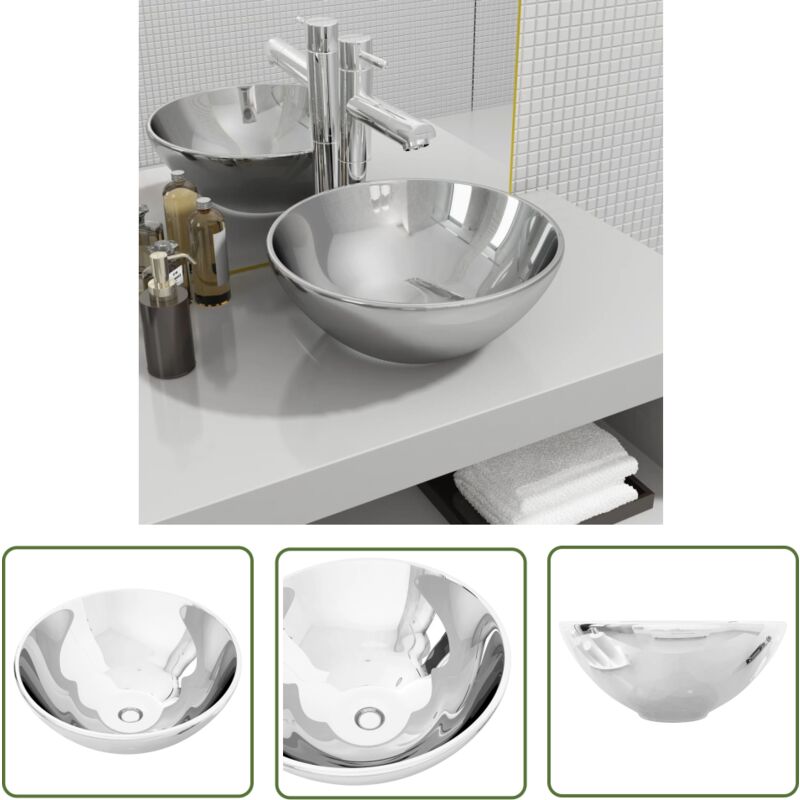 Abcrital - The Living Store Lavabo 32,5 x 14 cm Céramique Argenté - Lavabo Rond - Lavabo Céramique - Lavabo Argenté - Meuble Salle De Bain - Évier