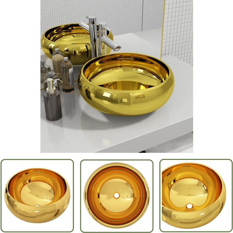 Lavabo 40 x 15 cm Céramique Doré - Lavabo Rond - Lavabo Céramique - Lavabo Doré - Meuble Salle De Bain - Décoration Salle De Bain - The Living Store