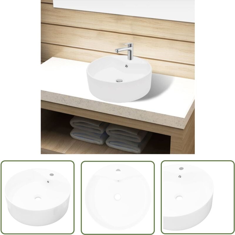 Lavabo à trou de trop-plein/robinet céramique Blanc Rond - Lavabo Céramique - Lavabo Rond - Lavabo Blanc - Lavabo Salle De Bain - Meuble Salle De