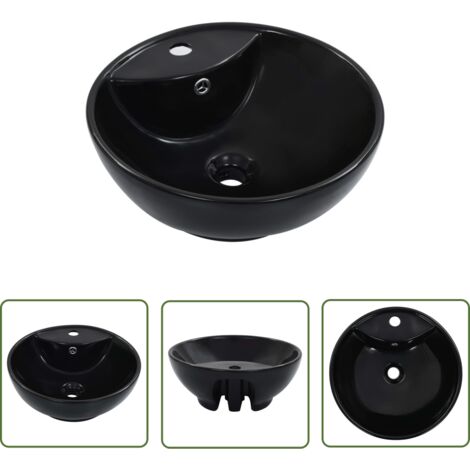 The Living Store Lavabo avec trop-plein 46,5 x 18 cm Céramique Noir - Lavabo Rond - Lavabo Céramique - Lavabo Salle De Bain - Lavabo Noir - Meuble Salle De Bain