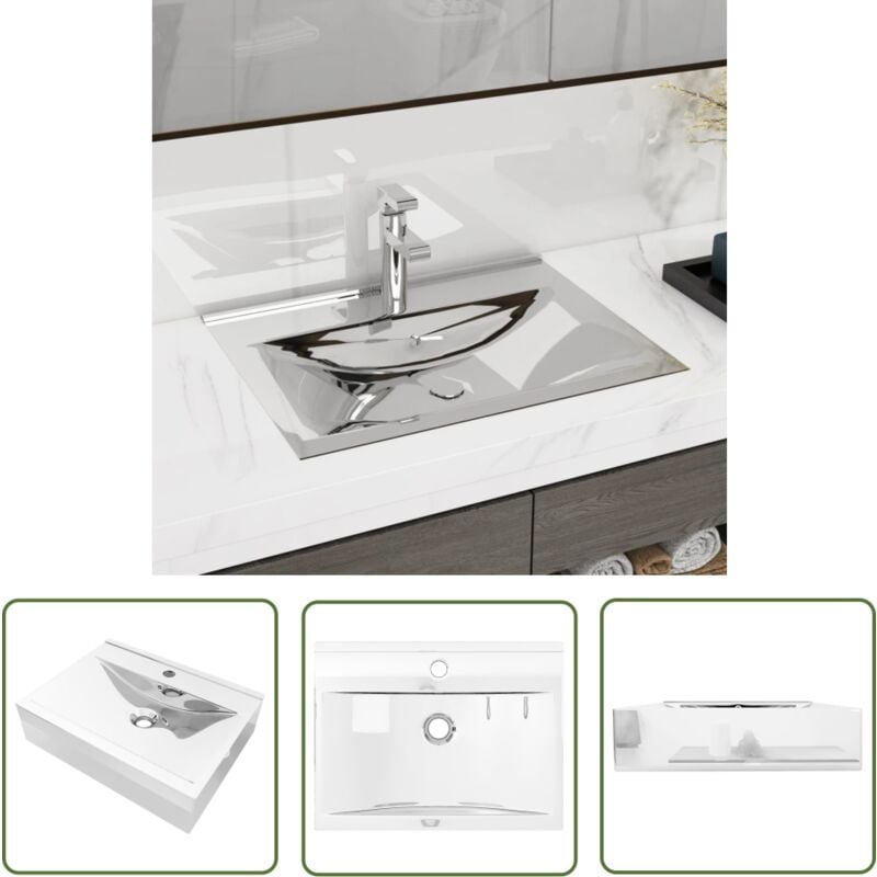 The Living Store Lavabo avec trop-plein 60x46x16 cm Céramique Argenté - Lavabo Céramique - Lavabo Rectangle - Lavabo Salle De Bain - Meuble Salle De