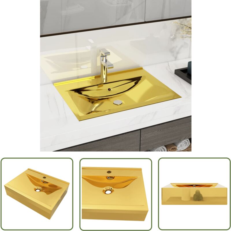 Lavabo avec trop-plein 60x46x16 cm Céramique Doré - Lavabo - Robinetterie - Salle De Bain - Évier - Céramique - The Living Store