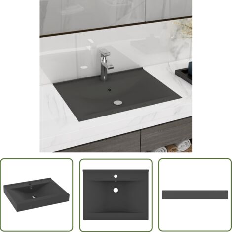 The Living Store Lavabo avec trou de robinet Gris foncé mat 60x46 cm Céramique - Lavabo Rectangle - Lavabo Céramique - Lavabo Gris - Lavabo Salle De Bain - Lavabo Design