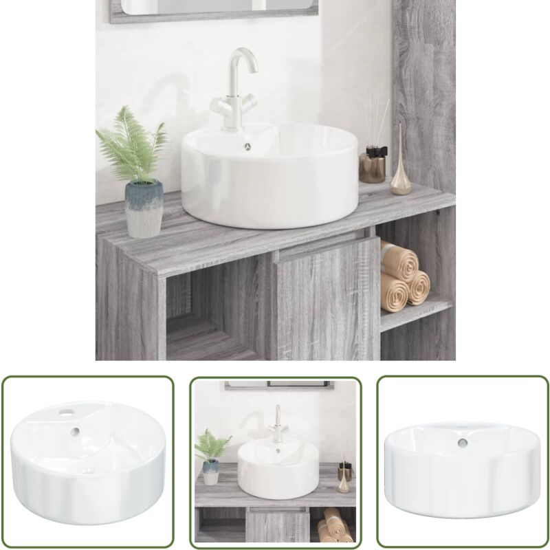 Lavabo blanc 40x14,5 cm céramique rond - Lavabo Céramique - Lavabo Rond - Lavabo Blanc - Évier Salle De Bain - Meuble Salle De Bain - The Living Store