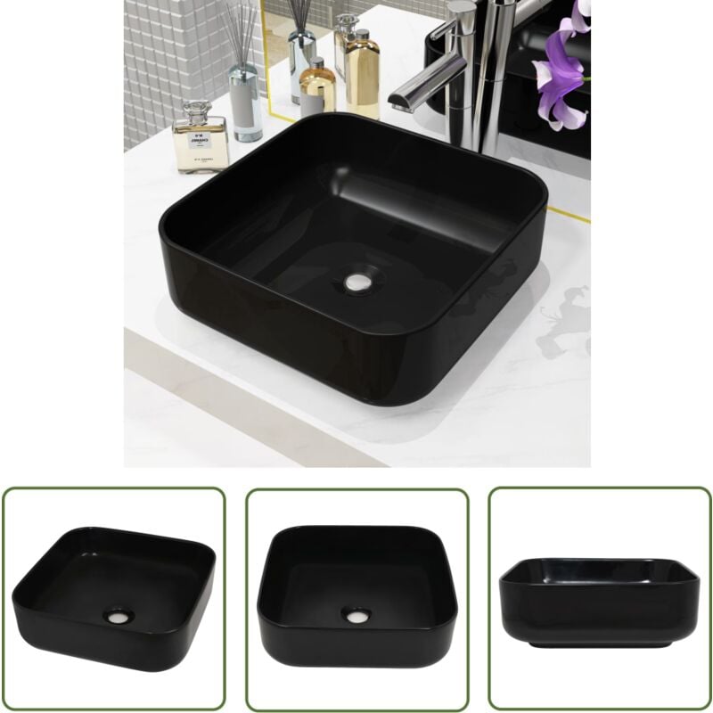 Lavabo carré Céramique Noir 38 x 38 x 13,5 cm - Lavabo Céramique - Lavabo Noir - Lavabo Salle De Bain - Meuble Salle De Bain - Évier Salle De Bain