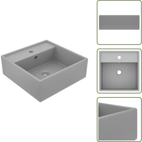 The Living Store Lavabo con Troppopieno Cubico Grigio Opaco 41x41 cm in Ceramica - Lavabo quadrato
