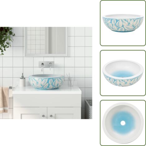 The Living Store Lavabo da Appoggio Bianco e Blu Rotondo Φ41x14 cm Ceramica - Lavabo da bagno