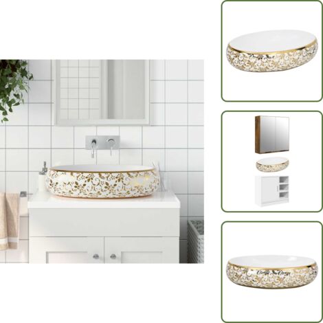 The Living Store Lavabo da Appoggio Bianco e Oro Ovale 59x40x15 cm Ceramica - Ceramica