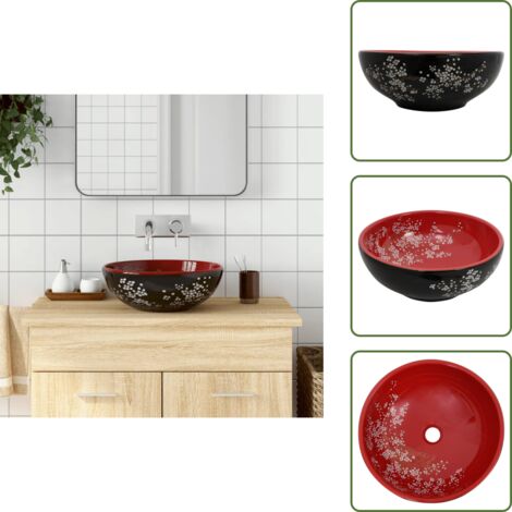 The Living Store Lavabo da Appoggio Nero e Rosso Rotondo Φ41x14 cm Ceramica - Lavabo da bagno