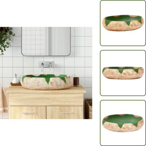 The Living Store Lavabo da Appoggio Verde e Marrone Ovale 59x40x15 cm Ceramica - Ceramica