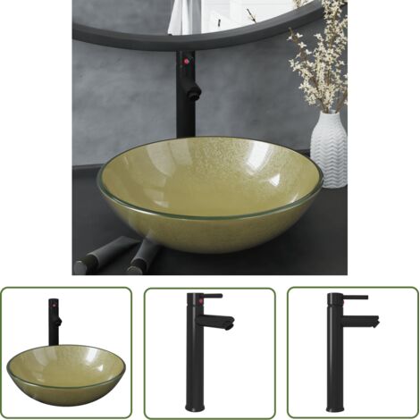 The Living Store Lavabo de bain avec robinet et drain à poussoir Verre trempé - Lavabo Salle De Bain - Lavabo Design - Lavabo Rond - Lavabo Verre Trempé - Mitigeur Lavabo