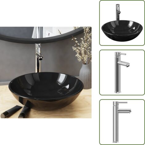 The Living Store Lavabo de baño grifo y desagüe de empuje vidrio templado negro - Grifo de baño