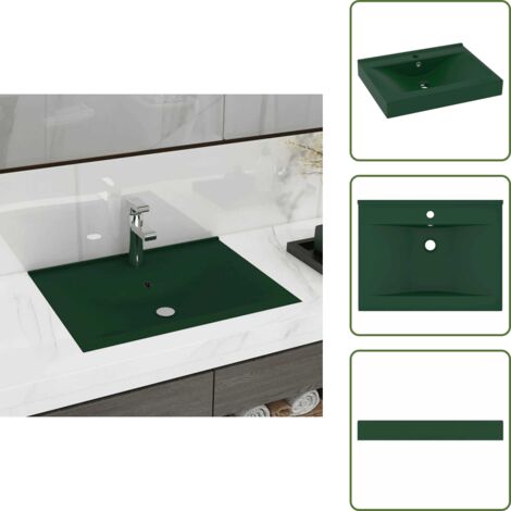 The Living Store Lavabo de lujo con grifo cerámica verde oscuro 60x46 cm - Lavabo de lujo